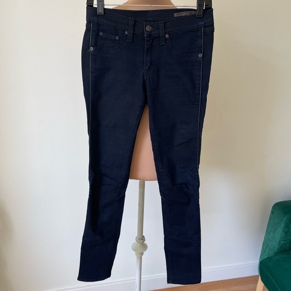 Rag & Bone Midnight Blue Stretch Cotton Denim Lamb Leather Trim Skinny Jeans 26 - Picture 1 of 9